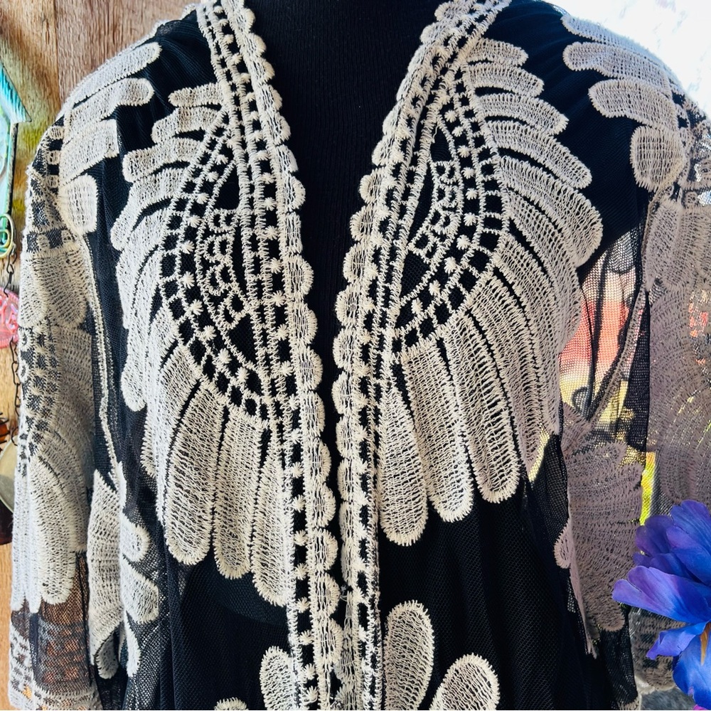 Ember Black Net W Ivory Embroidered Design Sheer Open Front Kimono Cardigan View 3